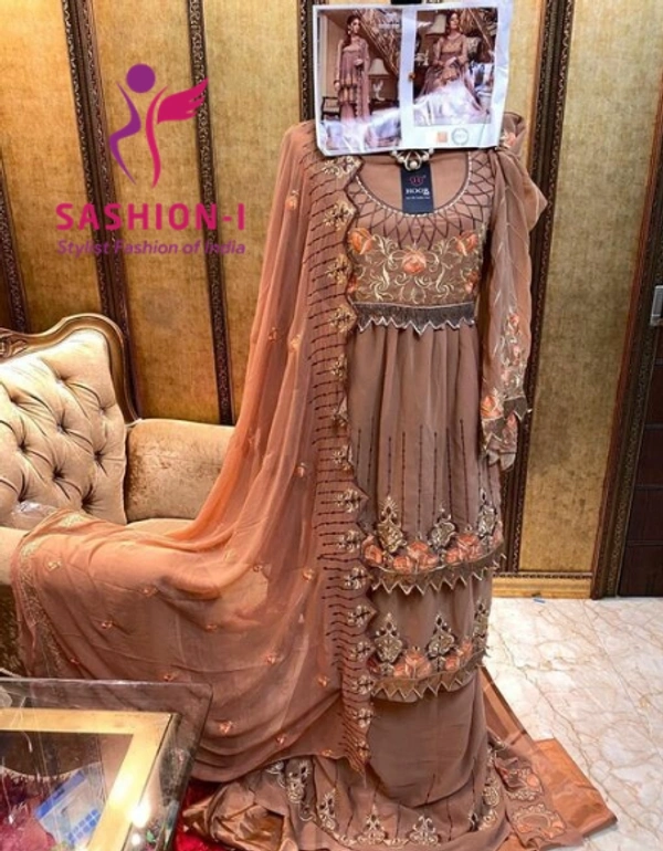 Brown Colour Sharara Salwar Kameez With Dupatta Work